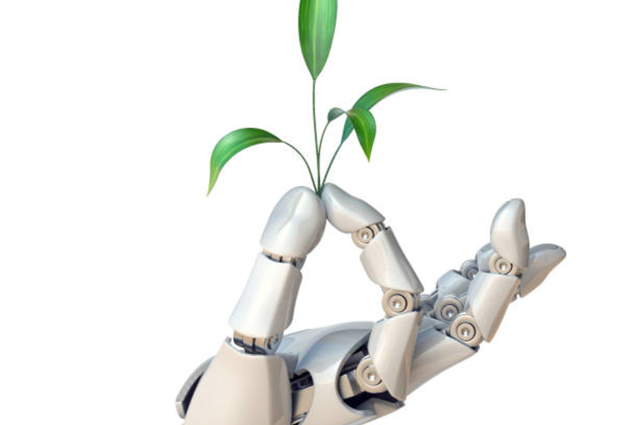 Robot hand holding plant, synthetic life, genetic engineering concept, 3d rendering